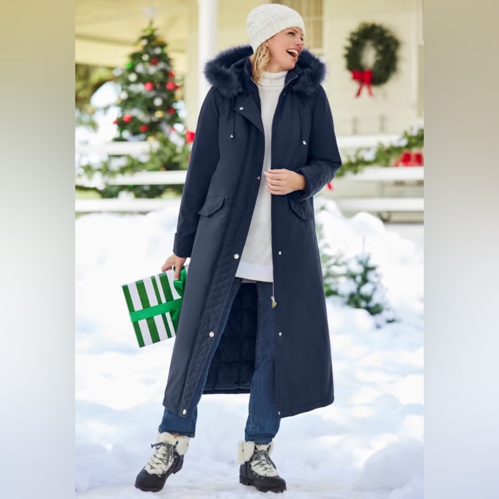 NWT Woman Within full length  Navy Hooded Coat with Faux Fur Trim
